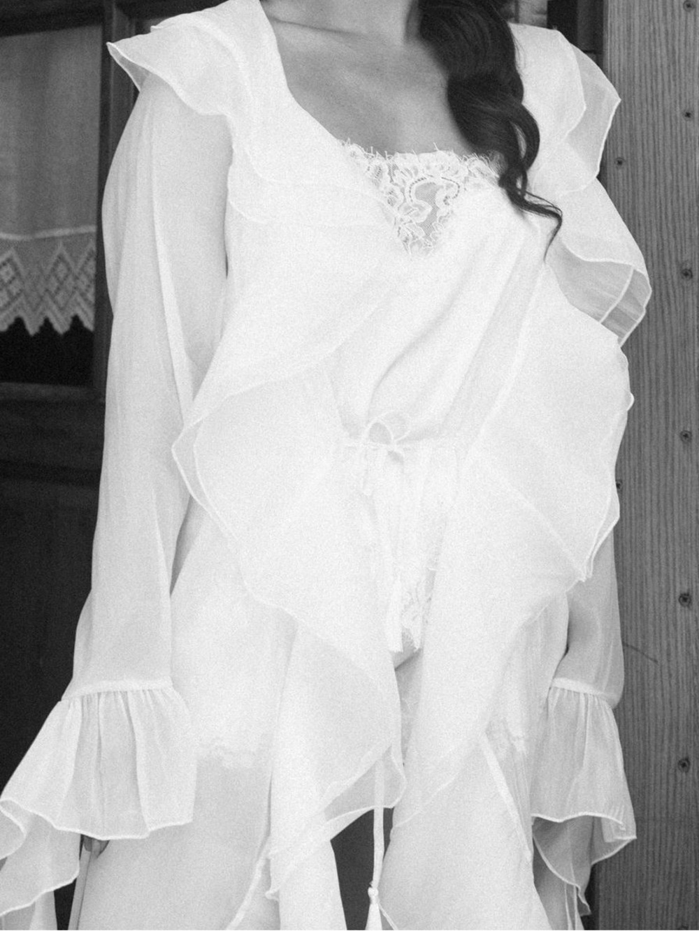 Rogue Season Gaia Robe Ivory Ruffle-Trim Sheer Robe with Tie Front - Picture 3 of 5